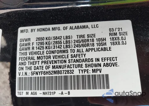 2021 Honda Pilot Awd Ex-L z USA, uszkodzony, nr VIN 5FNYF6H52MB072832